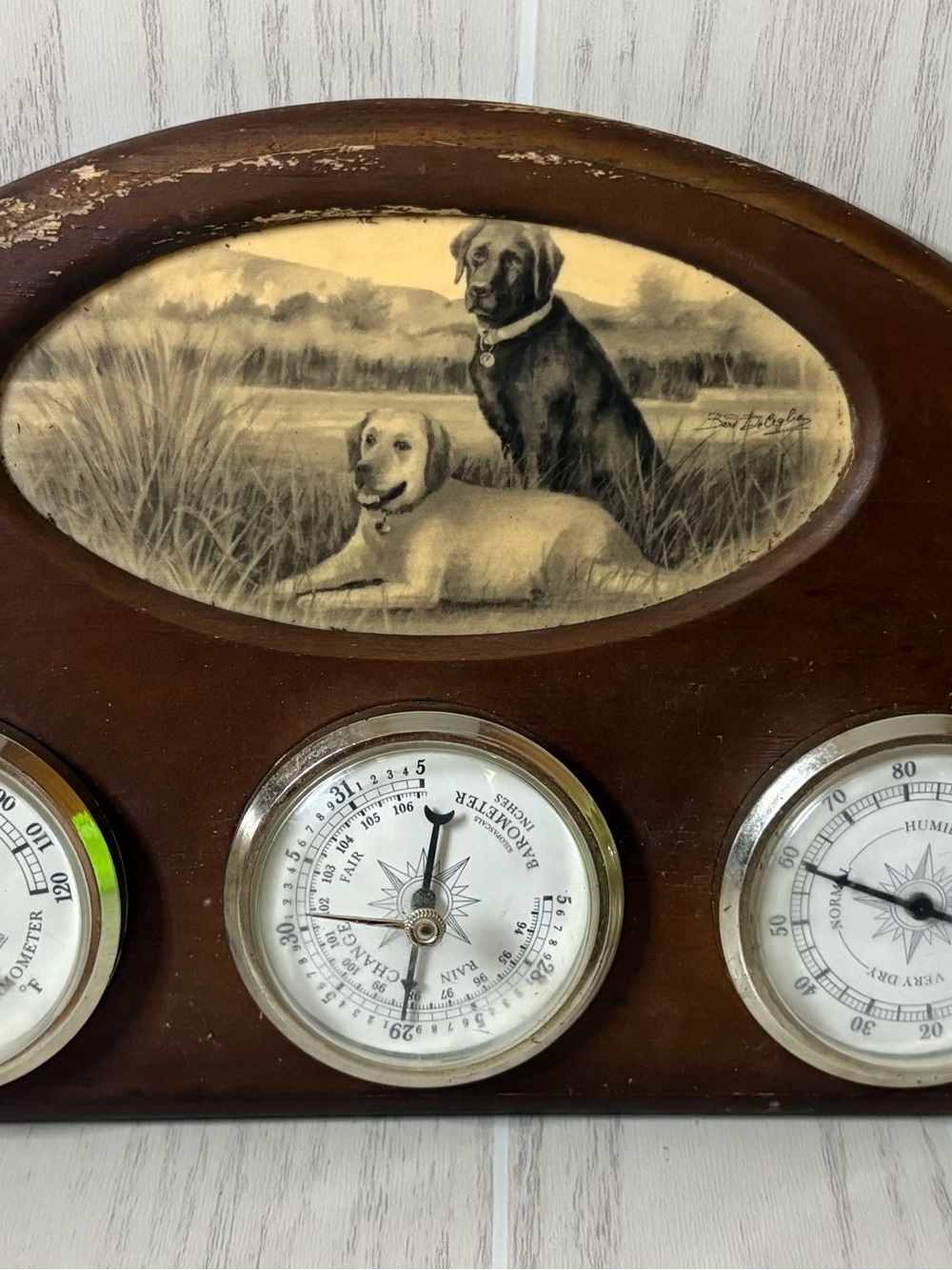 Vintage Dog Theme Wooden Weather Station Man Cave Cabin Humidity